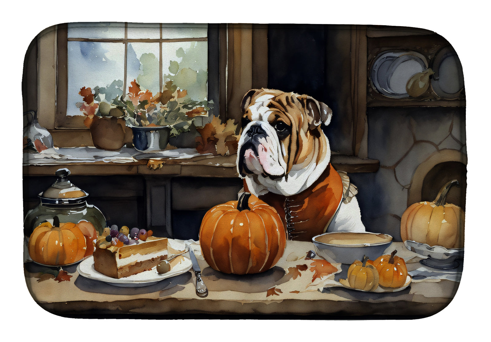 Buy this English Bulldog Fall Kitchen Pumpkins Dish Drying Mat
