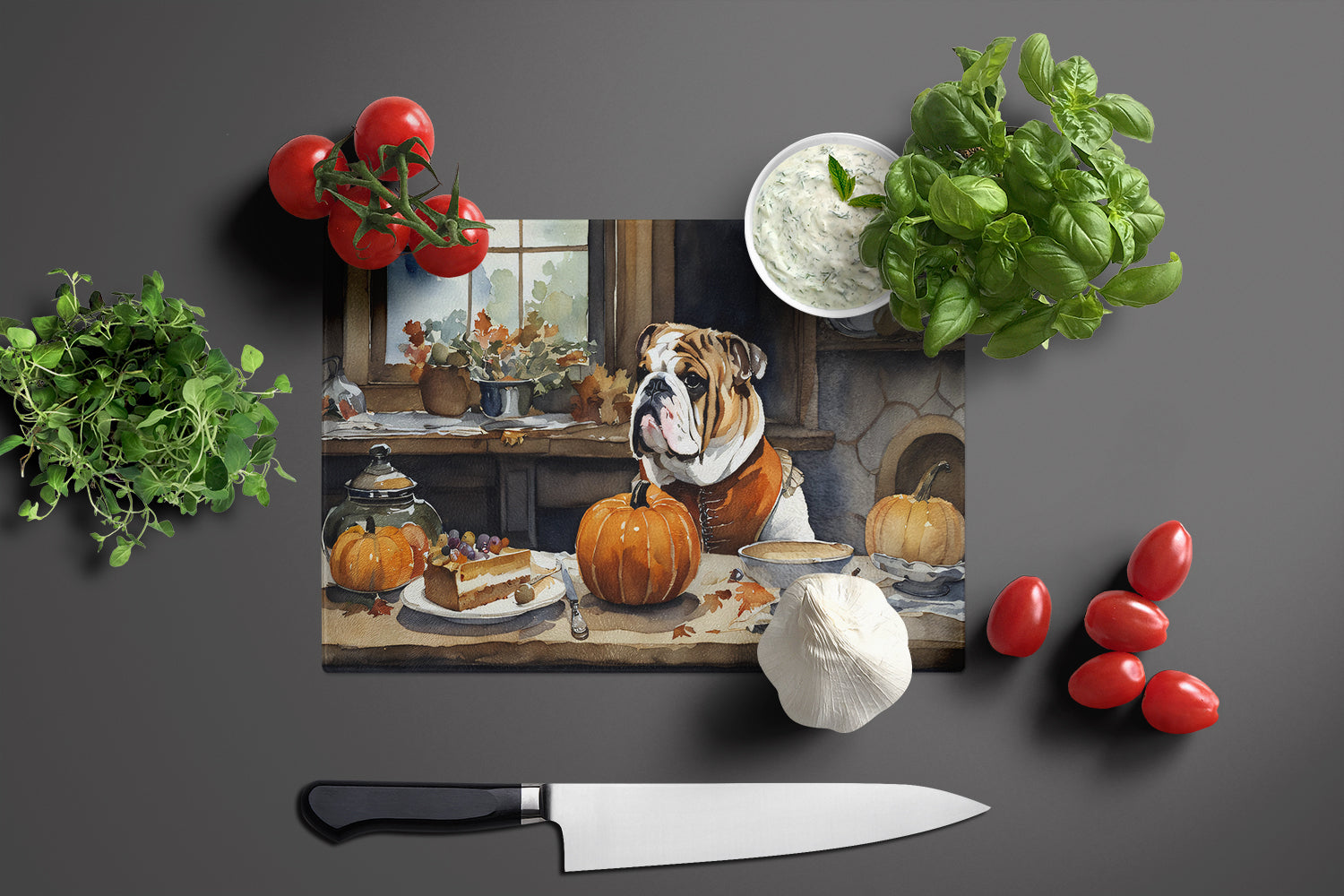 English Bulldog Fall Kitchen Pumpkins Glass Cutting Board Large