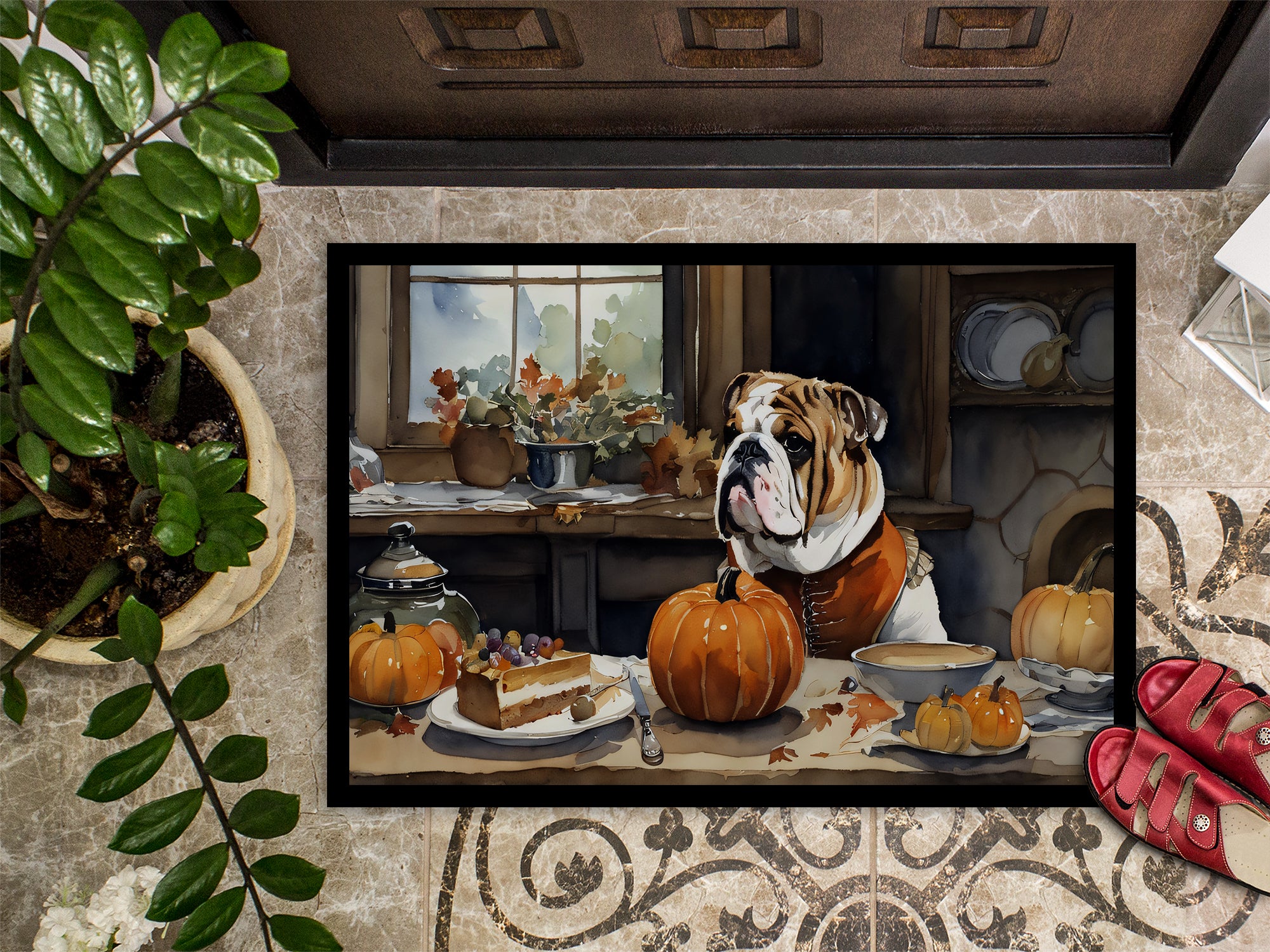 English Bulldog Fall Kitchen Pumpkins Doormat 18x27