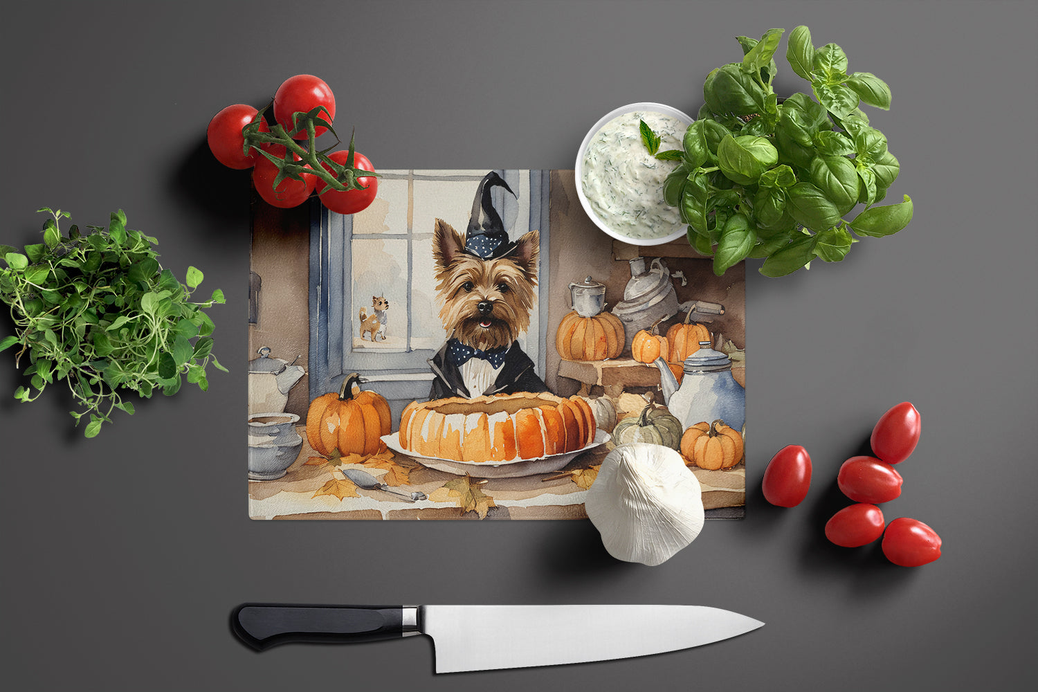 Cairn Terrier Fall Kitchen Pumpkins Glass Cutting Board Large