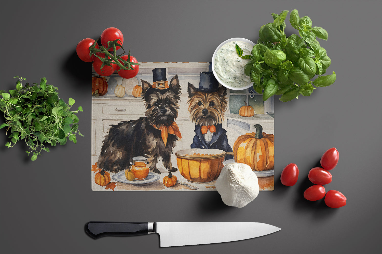 Cairn Terrier Fall Kitchen Pumpkins Glass Cutting Board Large