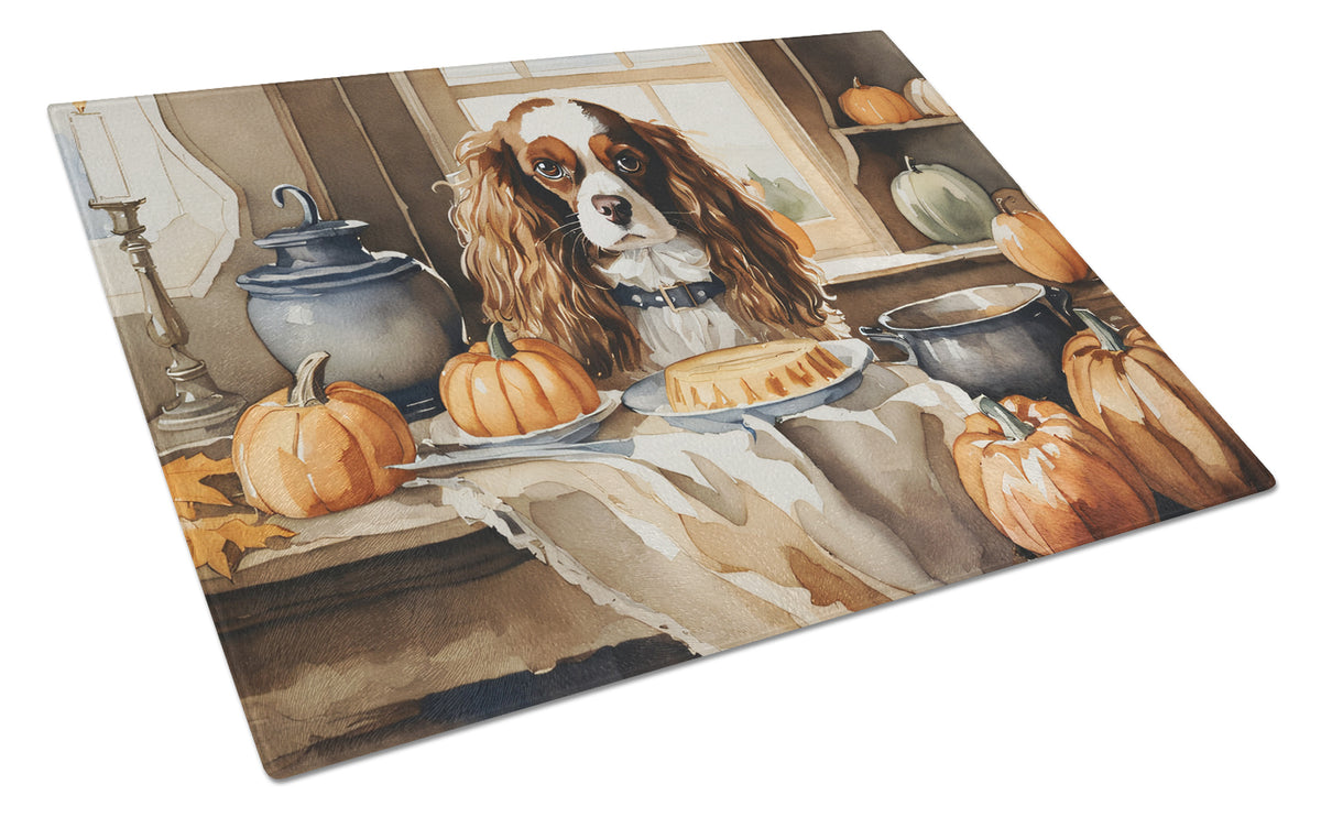 Buy this Cavalier Spaniel Fall Kitchen Pumpkins Glass Cutting Board Large