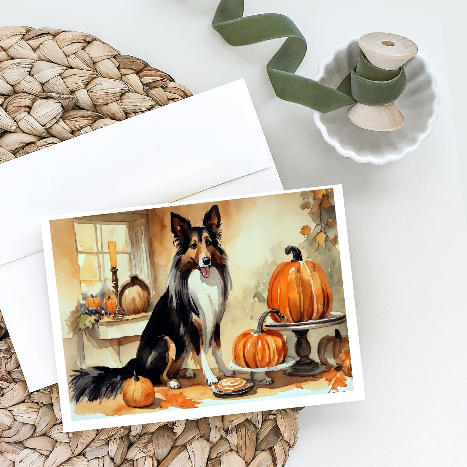 Collie Fall Kitchen Pumpkins Greeting Cards and Envelopes Pack of 8