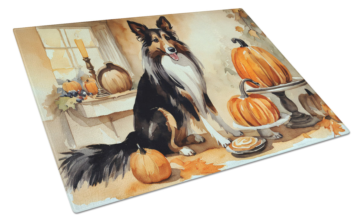 Buy this Collie Fall Kitchen Pumpkins Glass Cutting Board Large