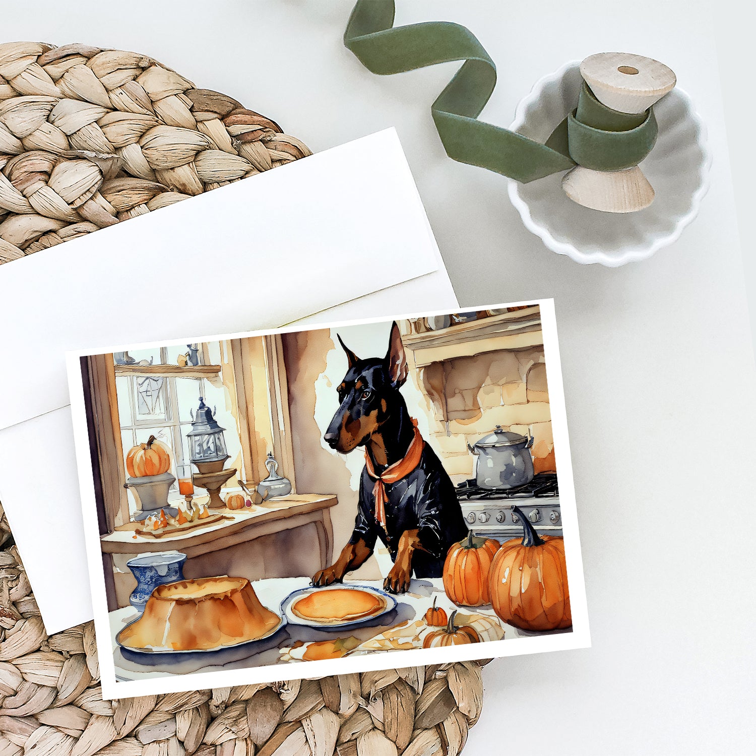 Doberman Pinscher Fall Kitchen Pumpkins Greeting Cards and Envelopes Pack of 8