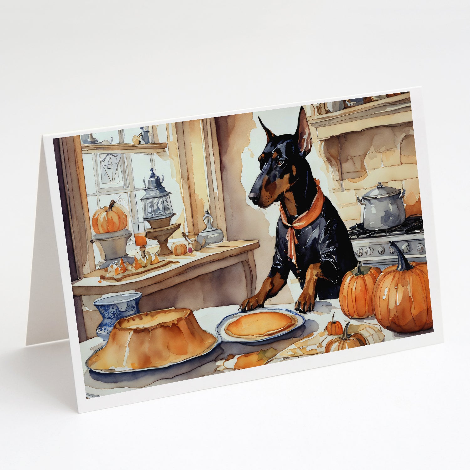 Buy this Doberman Pinscher Fall Kitchen Pumpkins Greeting Cards and Envelopes Pack of 8