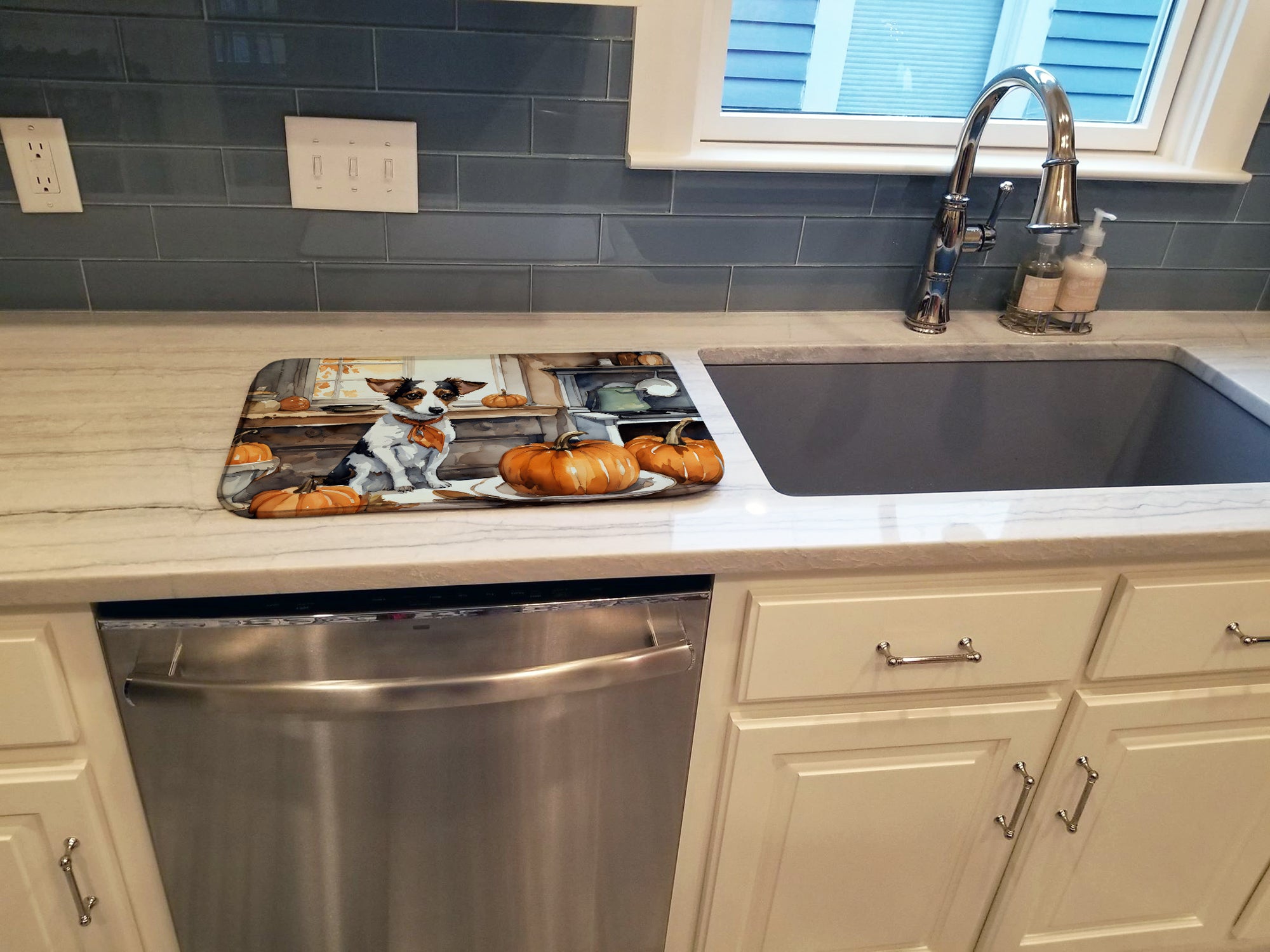 Jack Russell Terrier Fall Kitchen Pumpkins Dish Drying Mat