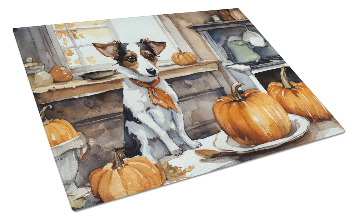 Buy this Jack Russell Terrier Fall Kitchen Pumpkins Glass Cutting Board Large