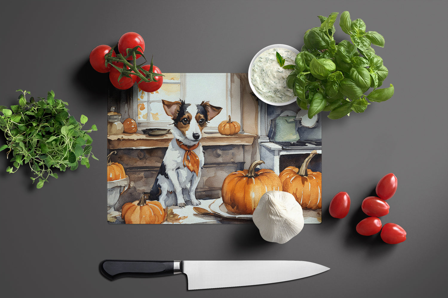 Jack Russell Terrier Fall Kitchen Pumpkins Glass Cutting Board Large