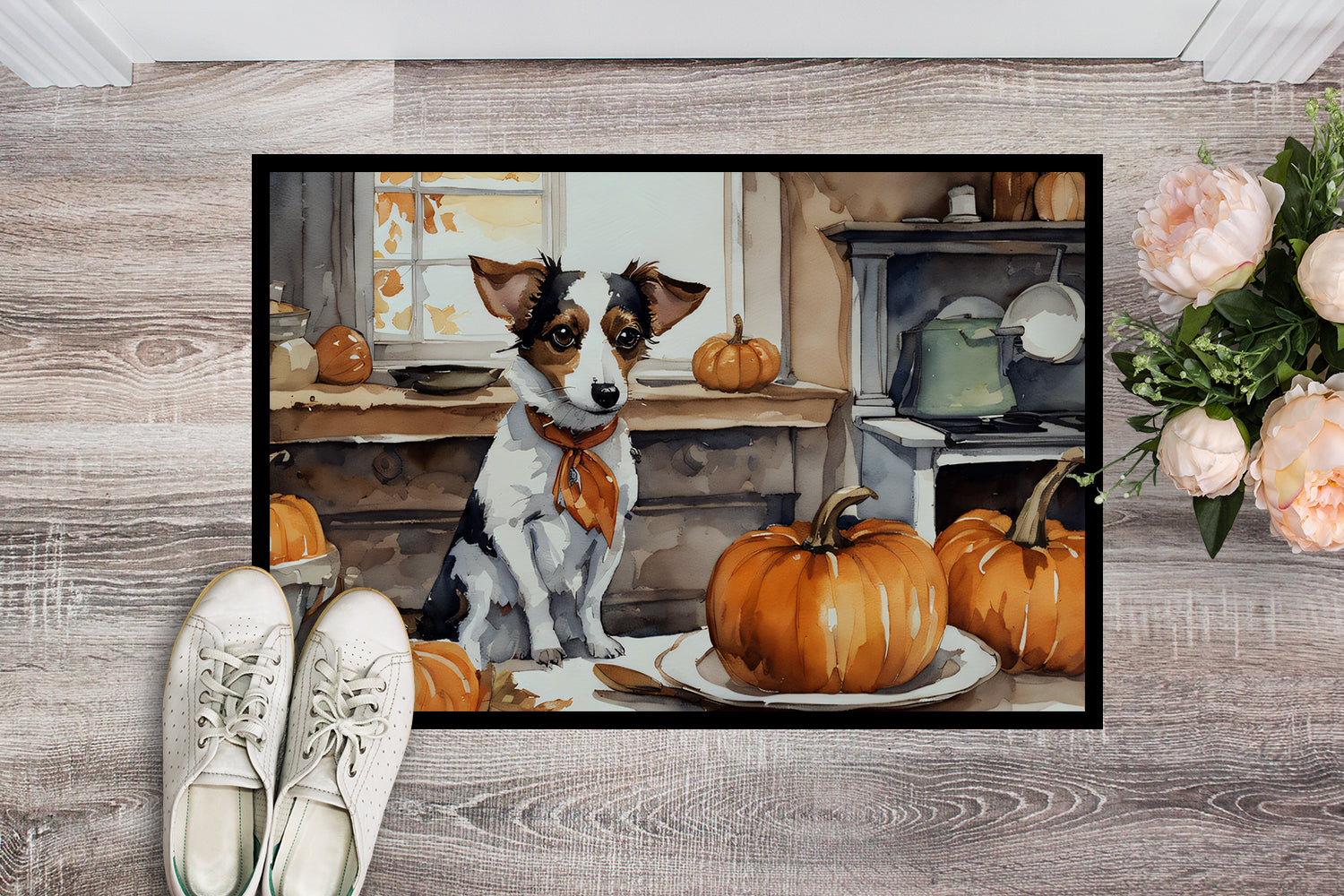 Buy this Jack Russell Terrier Fall Kitchen Pumpkins Doormat 18x27