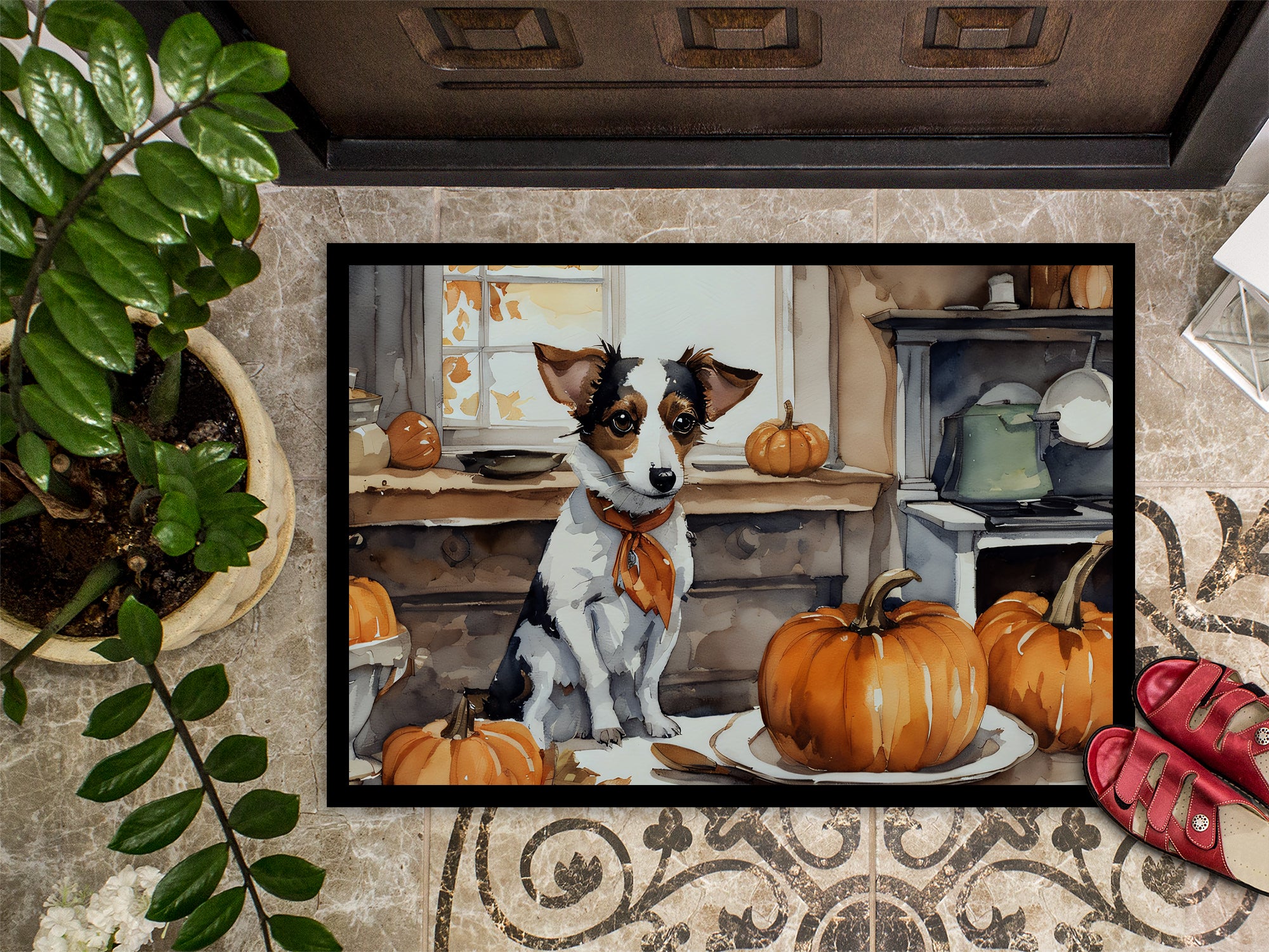 Jack Russell Terrier Fall Kitchen Pumpkins Doormat 18x27