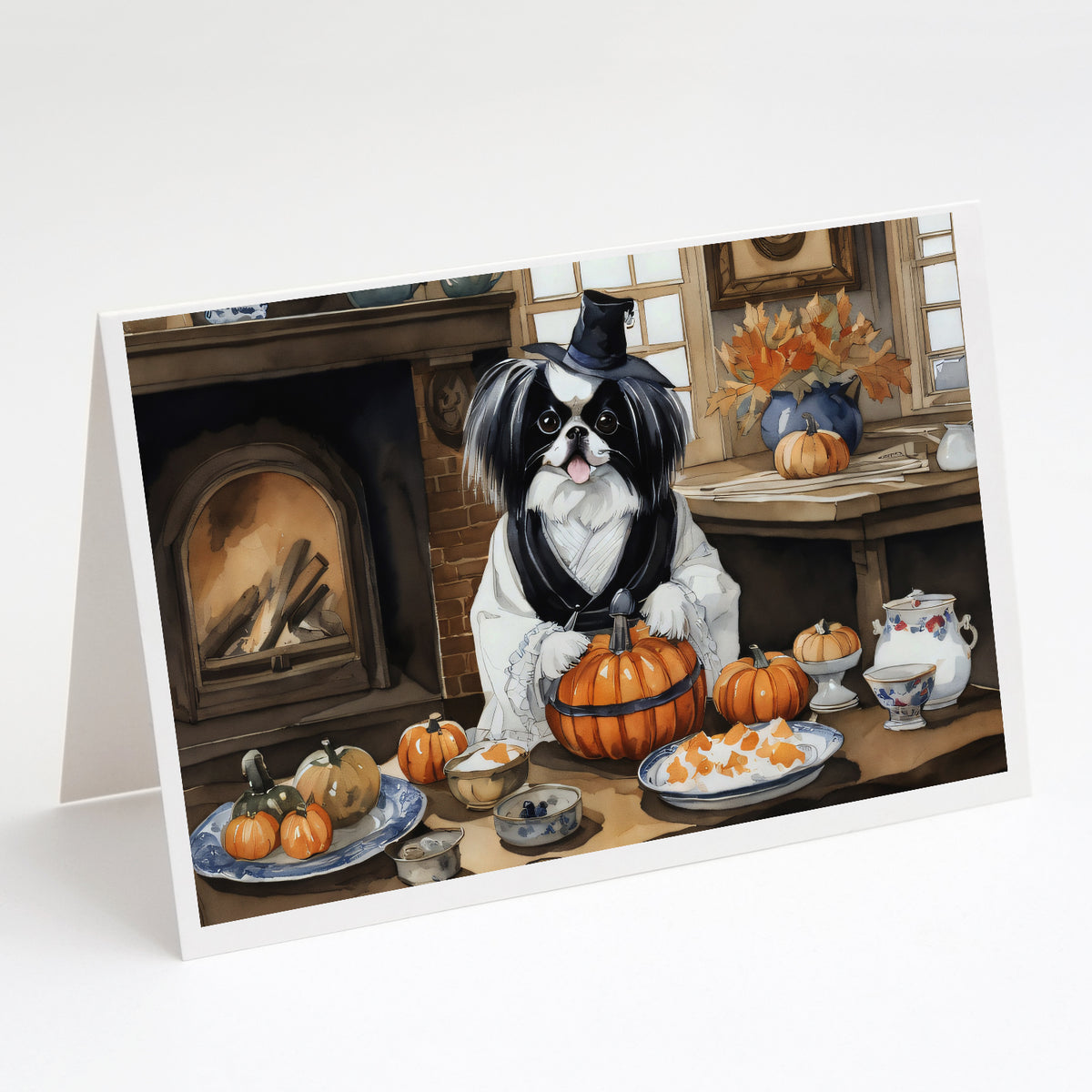 Buy this Japanese Chin Fall Kitchen Pumpkins Greeting Cards and Envelopes Pack of 8