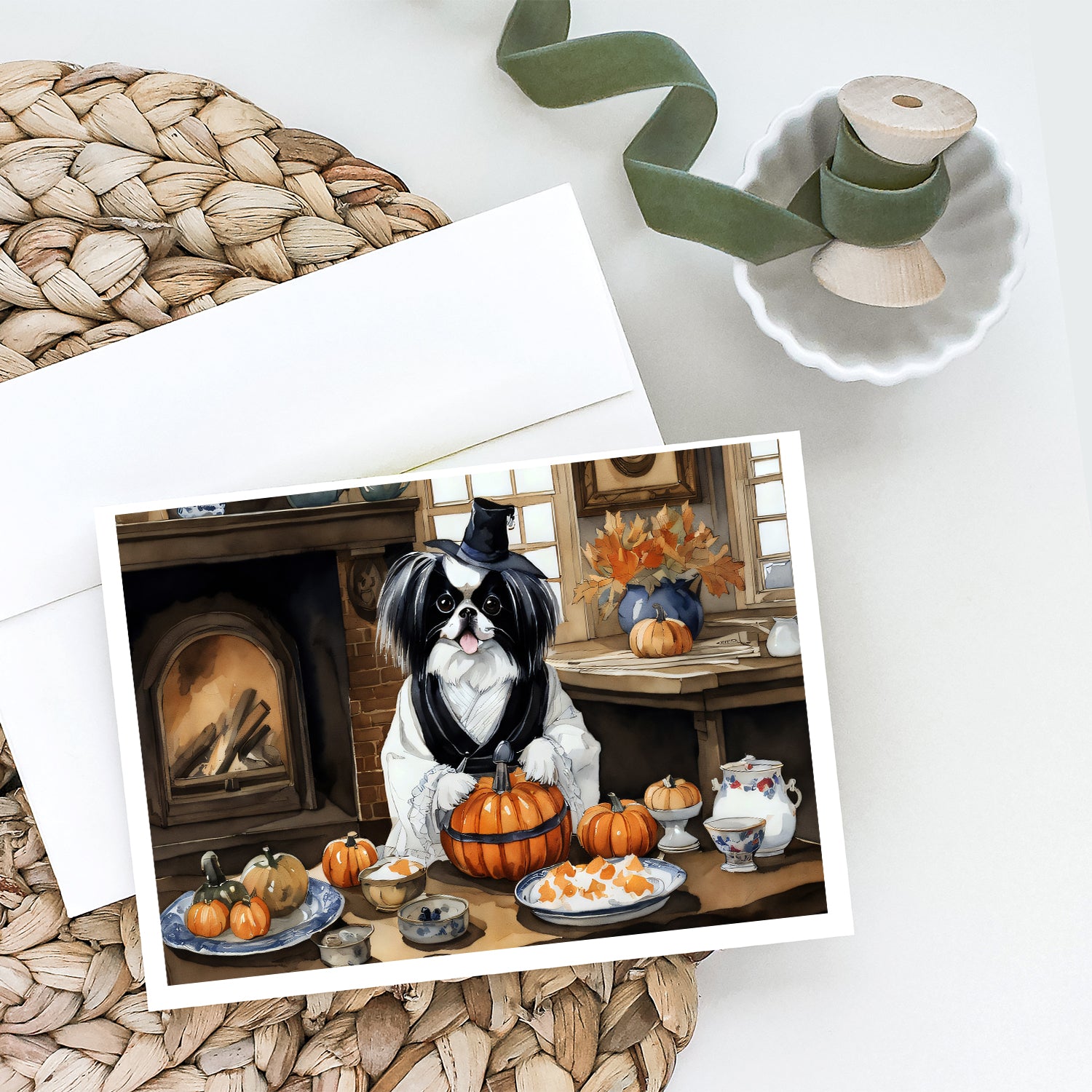 Japanese Chin Fall Kitchen Pumpkins Greeting Cards and Envelopes Pack of 8