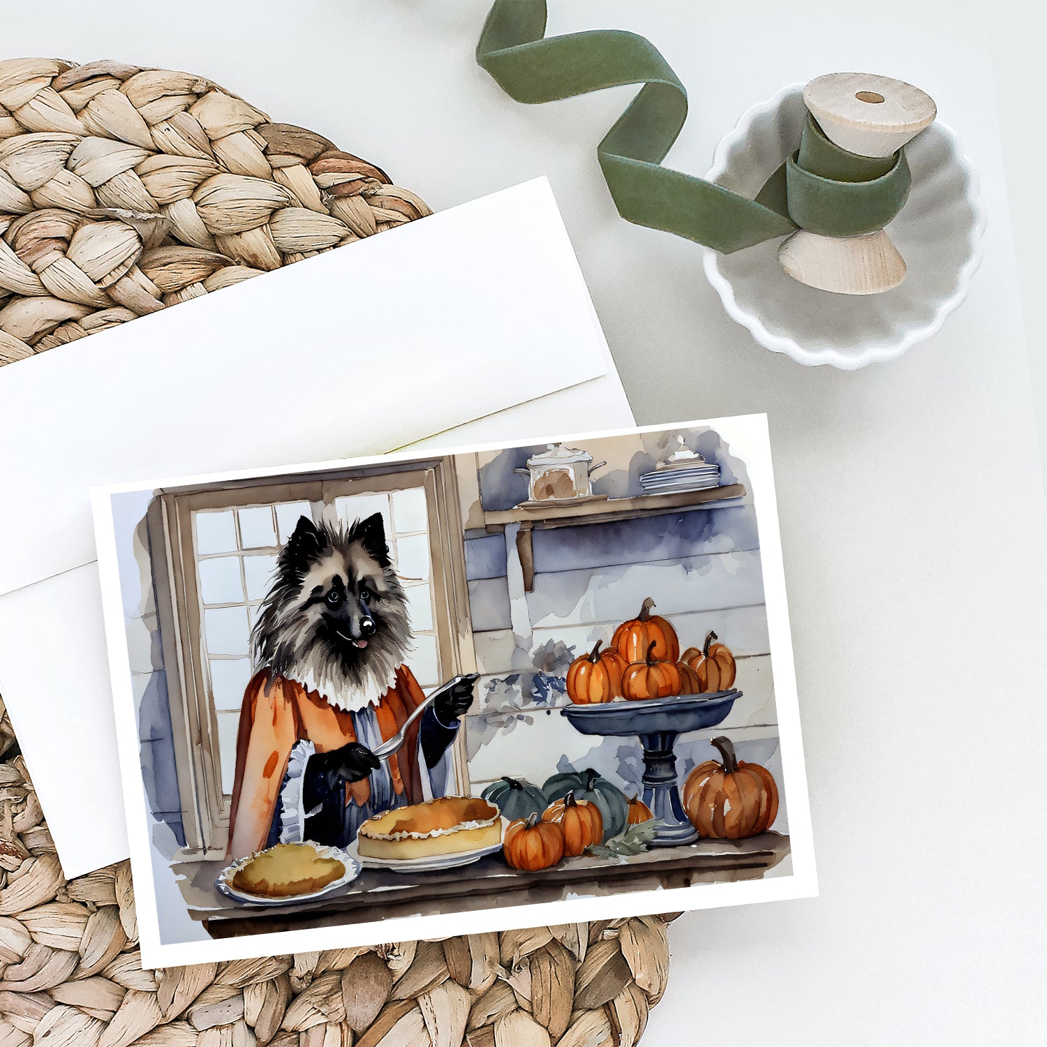 Keeshond Fall Kitchen Pumpkins Greeting Cards and Envelopes Pack of 8