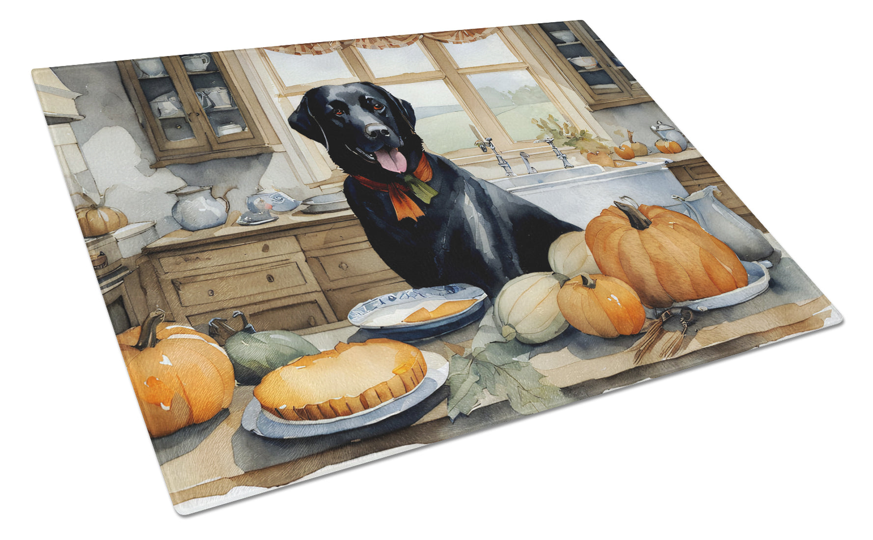 Buy this Black Lab Fall Kitchen Pumpkins Glass Cutting Board Large
