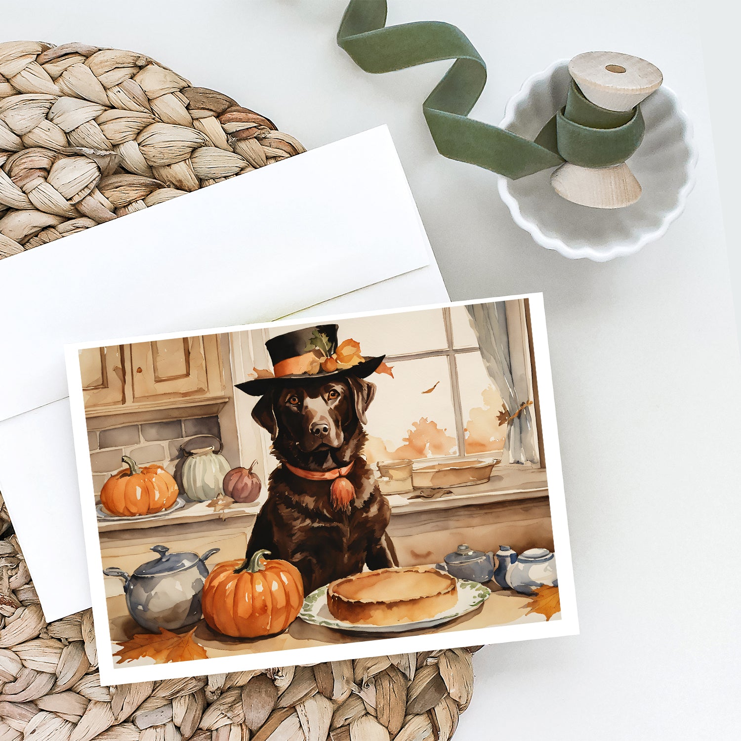 Buy this Chocolate Lab Fall Kitchen Pumpkins Greeting Cards and Envelopes Pack of 8