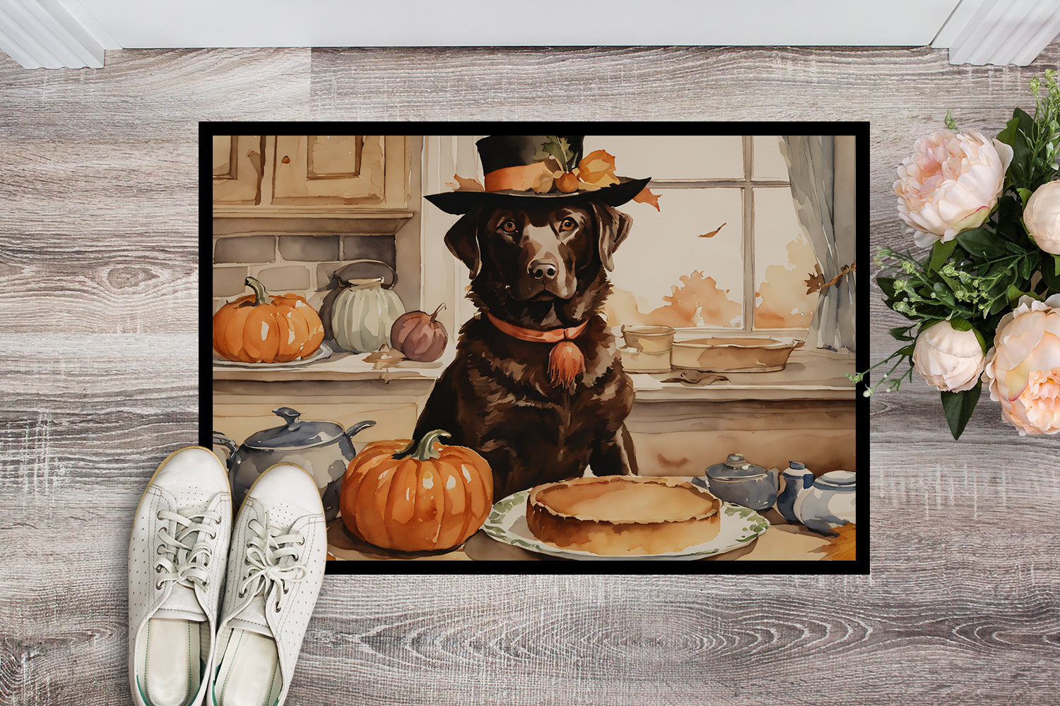 Buy this Chocolate Lab Fall Kitchen Pumpkins Indoor or Outdoor Mat 24x36