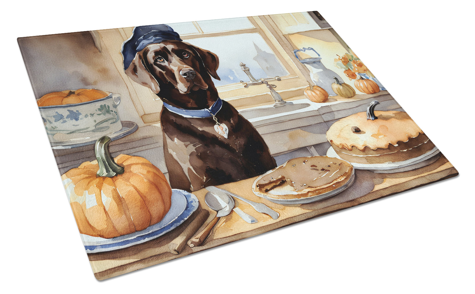Buy this Chocolate Lab Fall Kitchen Pumpkins Glass Cutting Board Large