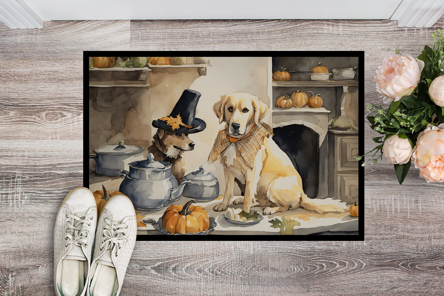 Buy this Yellow Lab Fall Kitchen Pumpkins Indoor or Outdoor Mat 24x36