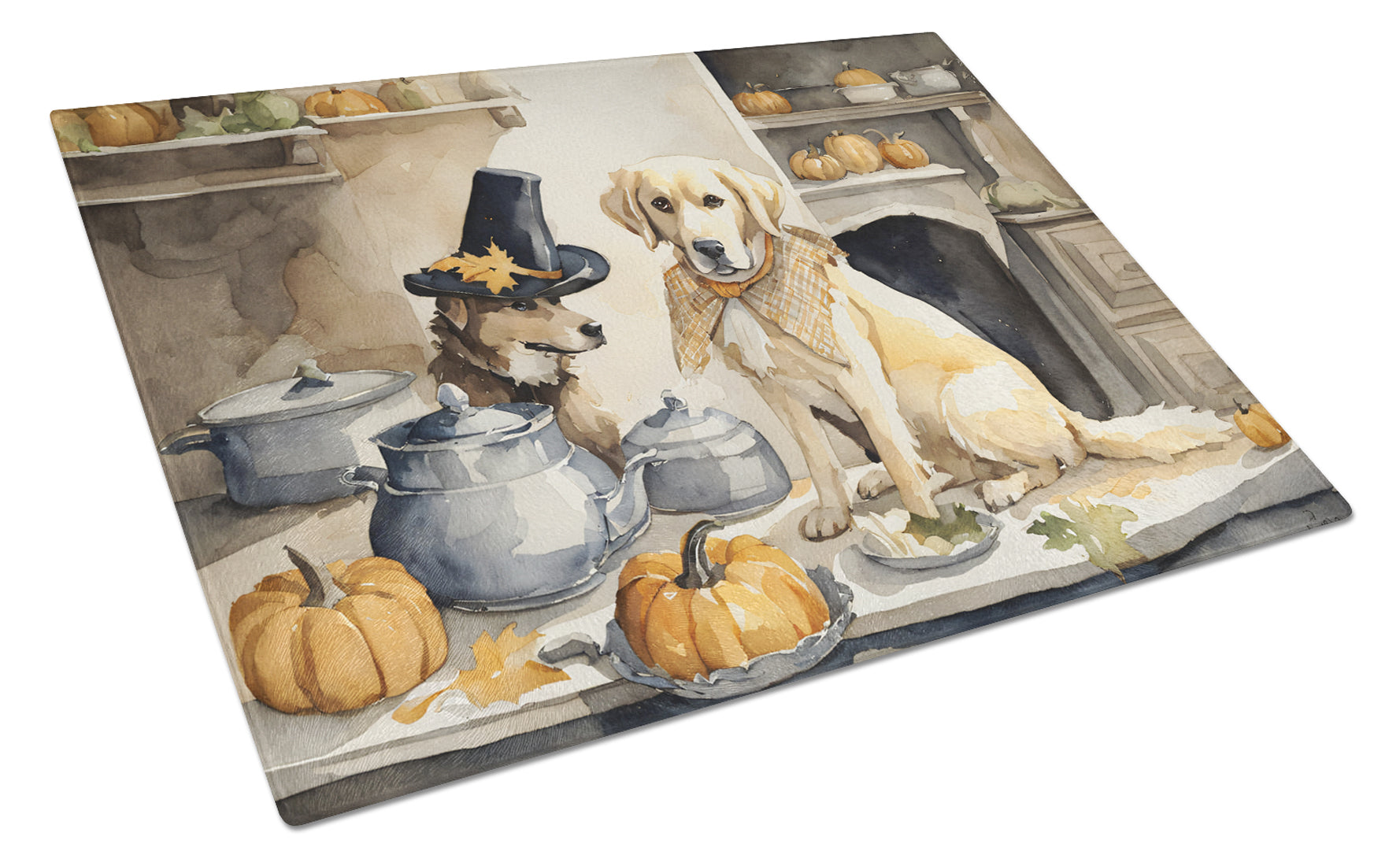 Buy this Yellow Lab Fall Kitchen Pumpkins Glass Cutting Board Large
