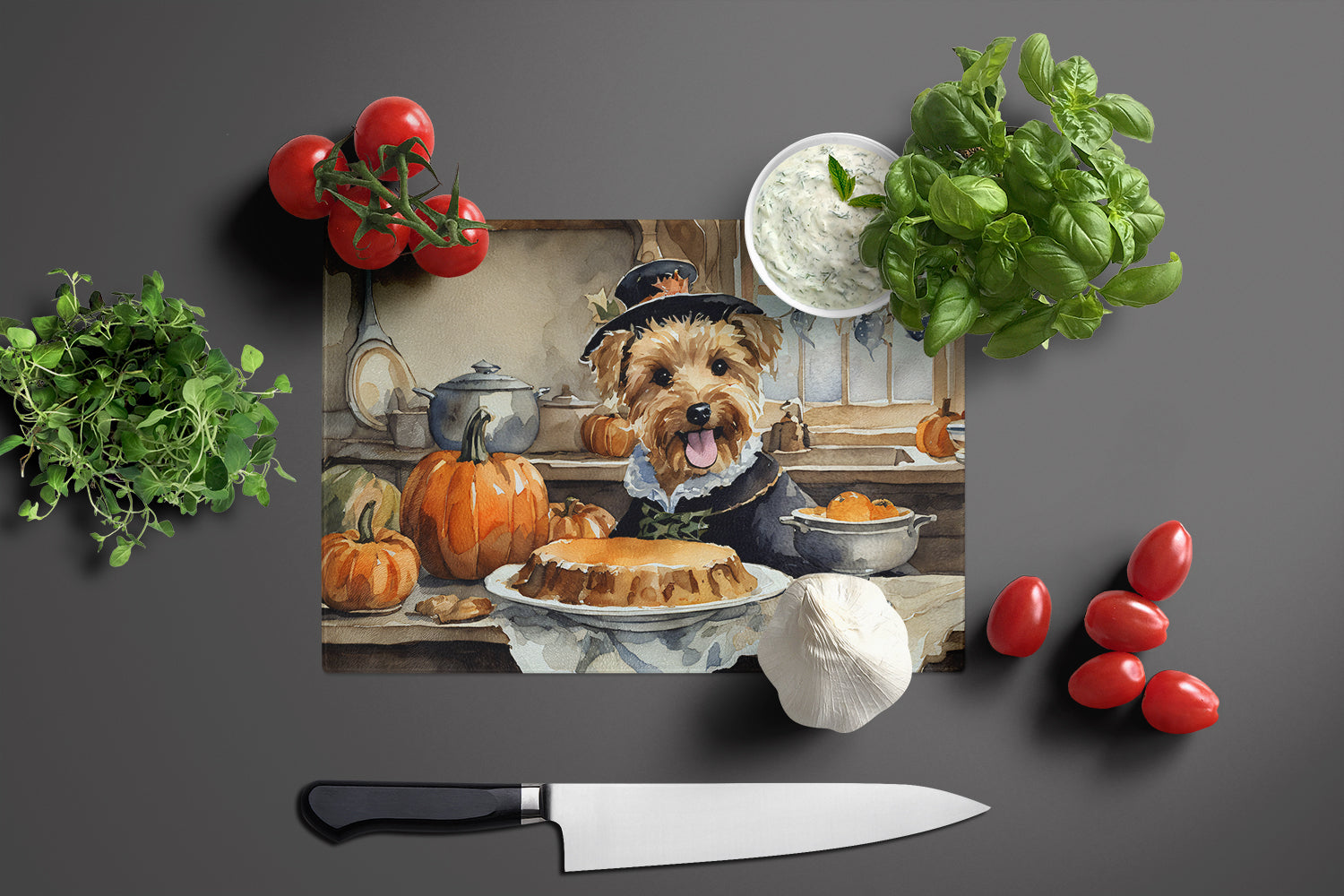 Lakeland Terrier Fall Kitchen Pumpkins Glass Cutting Board Large
