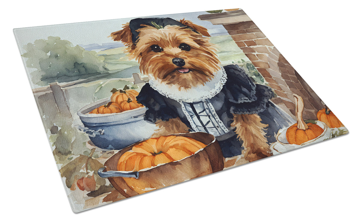 Buy this Norfolk Terrier Fall Kitchen Pumpkins Glass Cutting Board Large