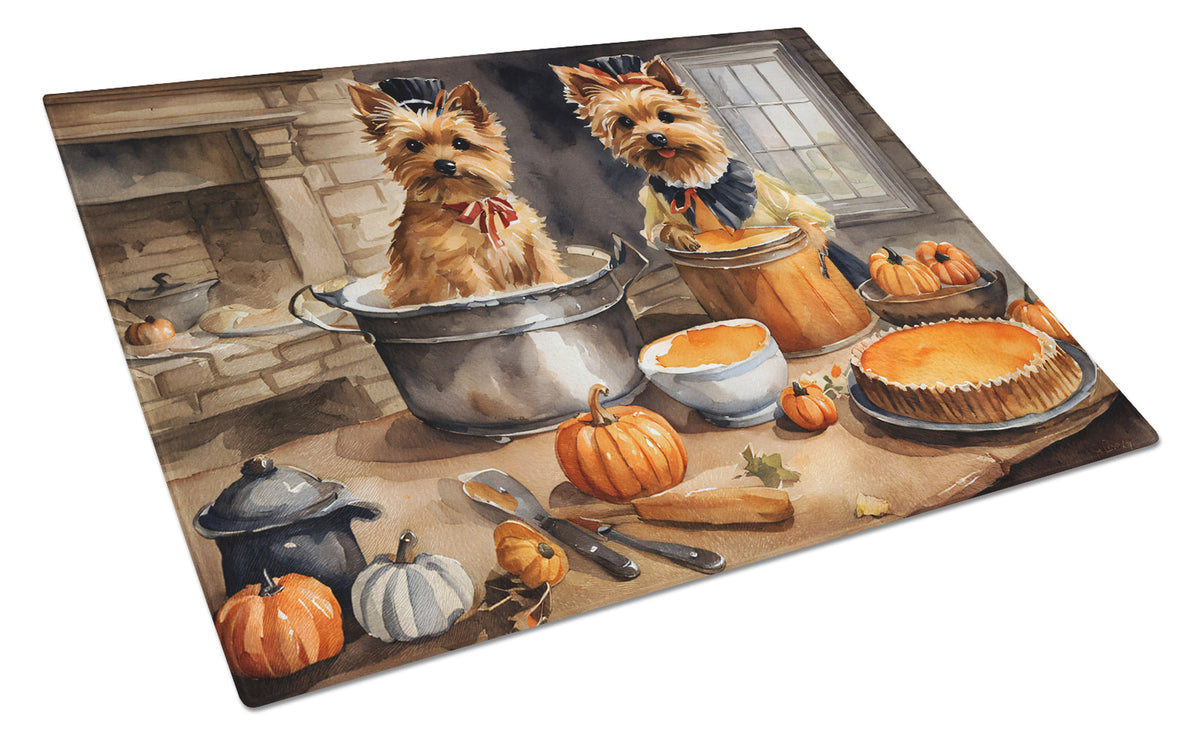 Buy this Norwich Terrier Fall Kitchen Pumpkins Glass Cutting Board Large