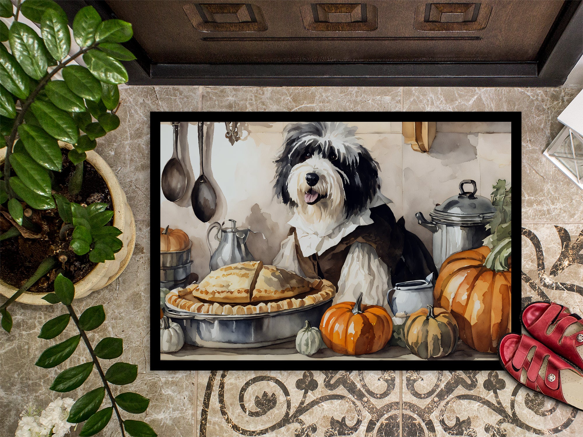 Old English Sheepdog Fall Kitchen Pumpkins Indoor or Outdoor Mat 24x36