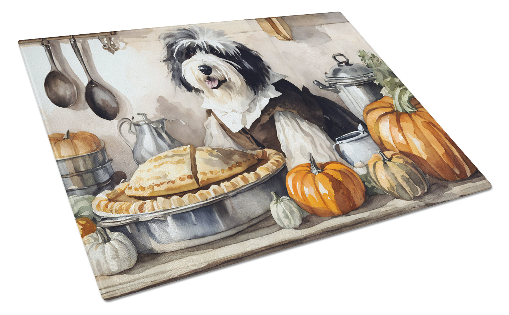 Buy this Old English Sheepdog Fall Kitchen Pumpkins Glass Cutting Board Large