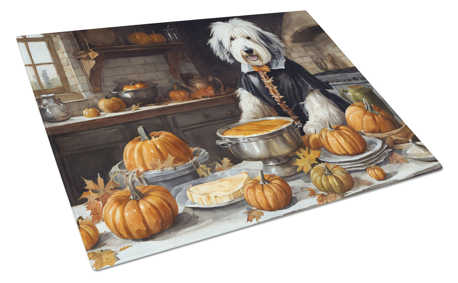 Buy this Old English Sheepdog Fall Kitchen Pumpkins Glass Cutting Board Large