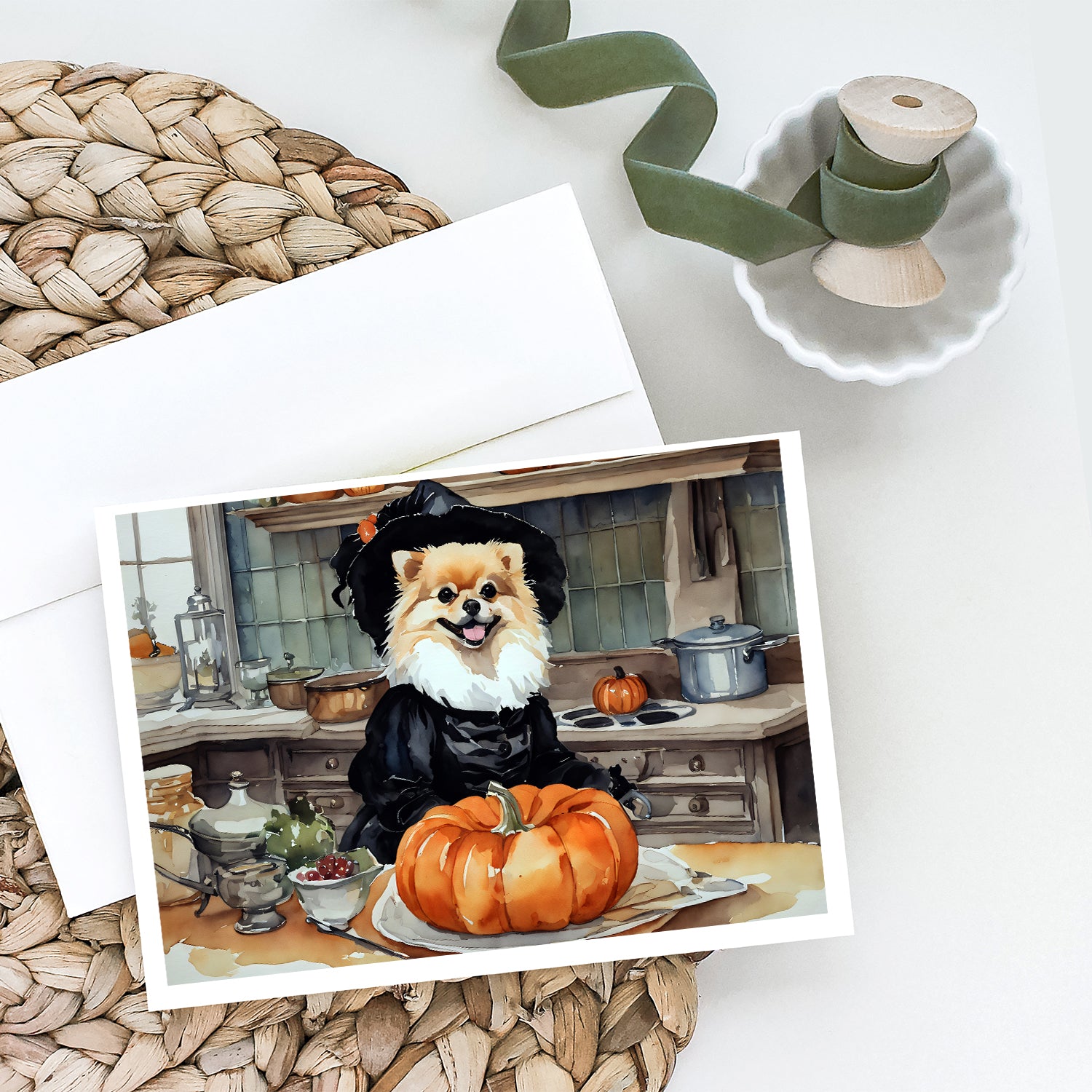 Buy this Pomeranian Fall Kitchen Pumpkins Greeting Cards and Envelopes Pack of 8