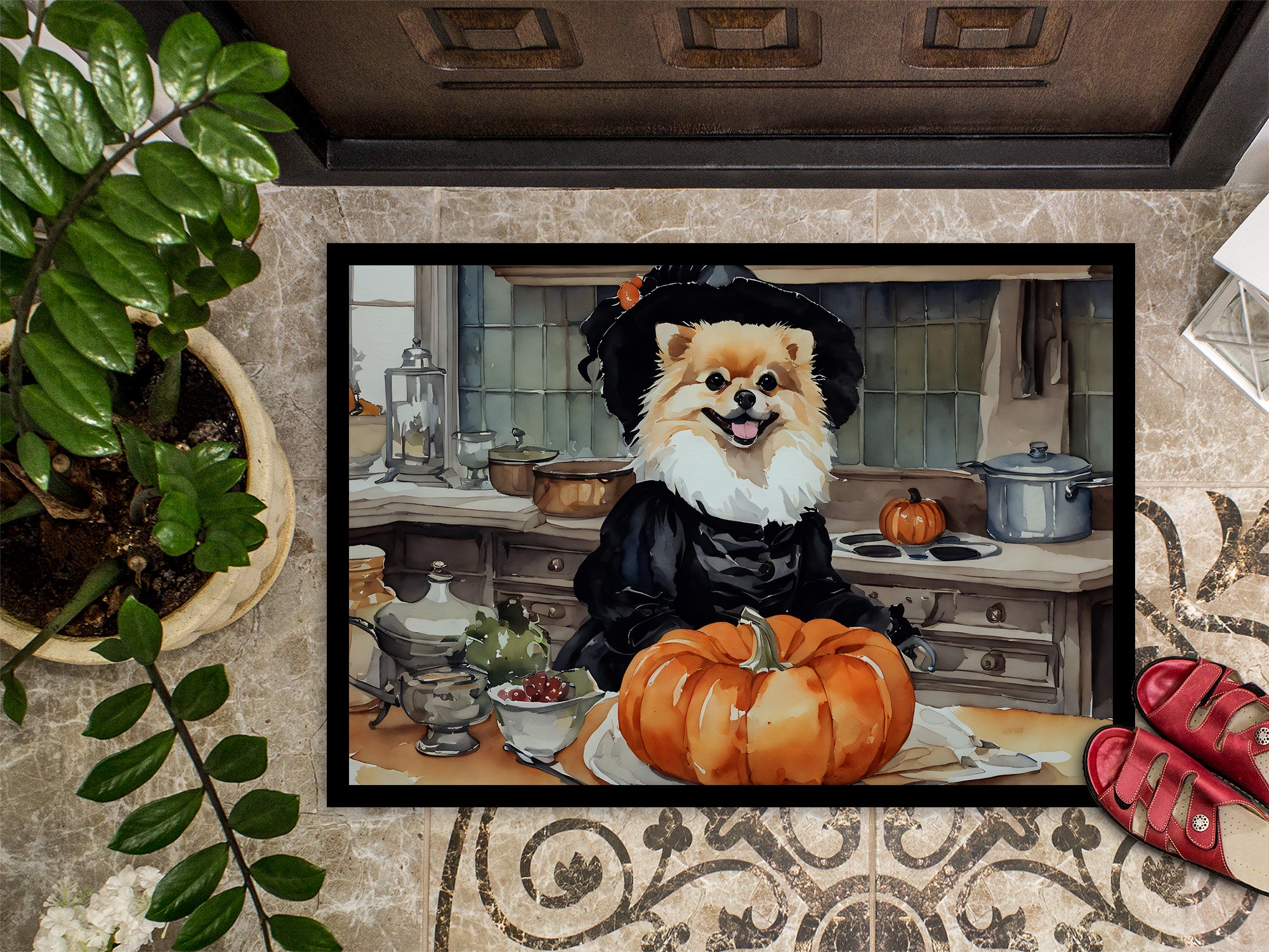 Pomeranian Fall Kitchen Pumpkins Indoor or Outdoor Mat 24x36