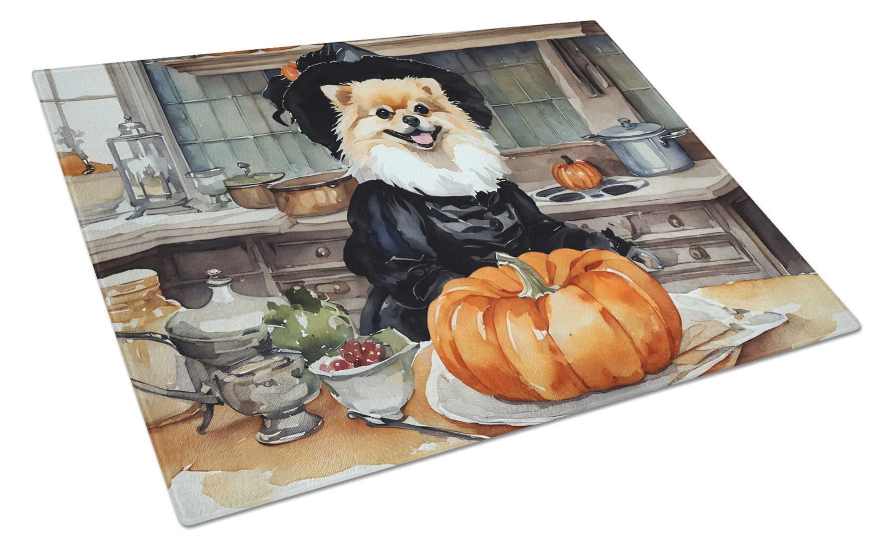 Buy this Pomeranian Fall Kitchen Pumpkins Glass Cutting Board Large