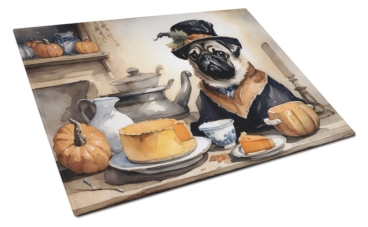 Buy this Pug Fall Kitchen Pumpkins Glass Cutting Board Large