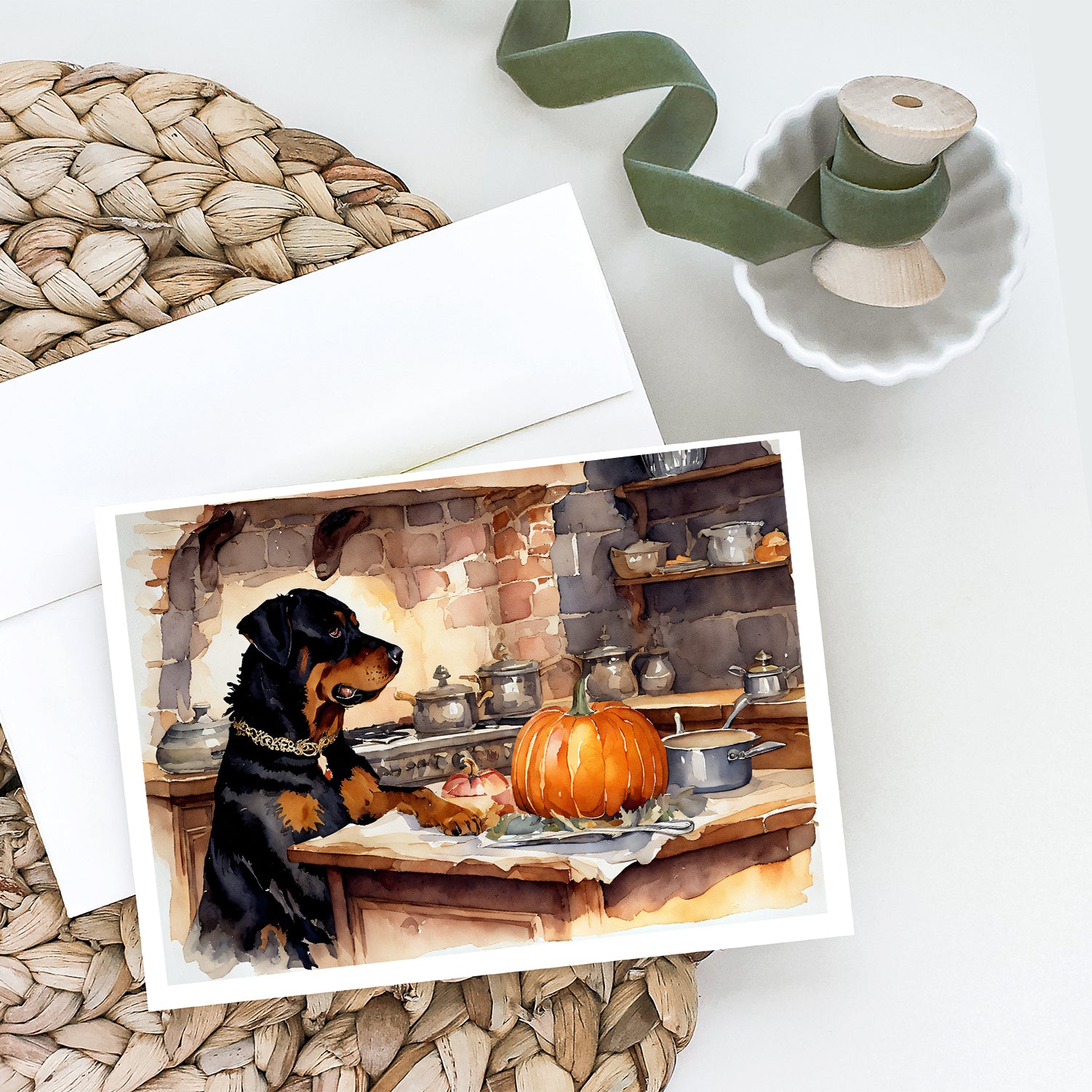 Rottweiler Fall Kitchen Pumpkins Greeting Cards and Envelopes Pack of 8