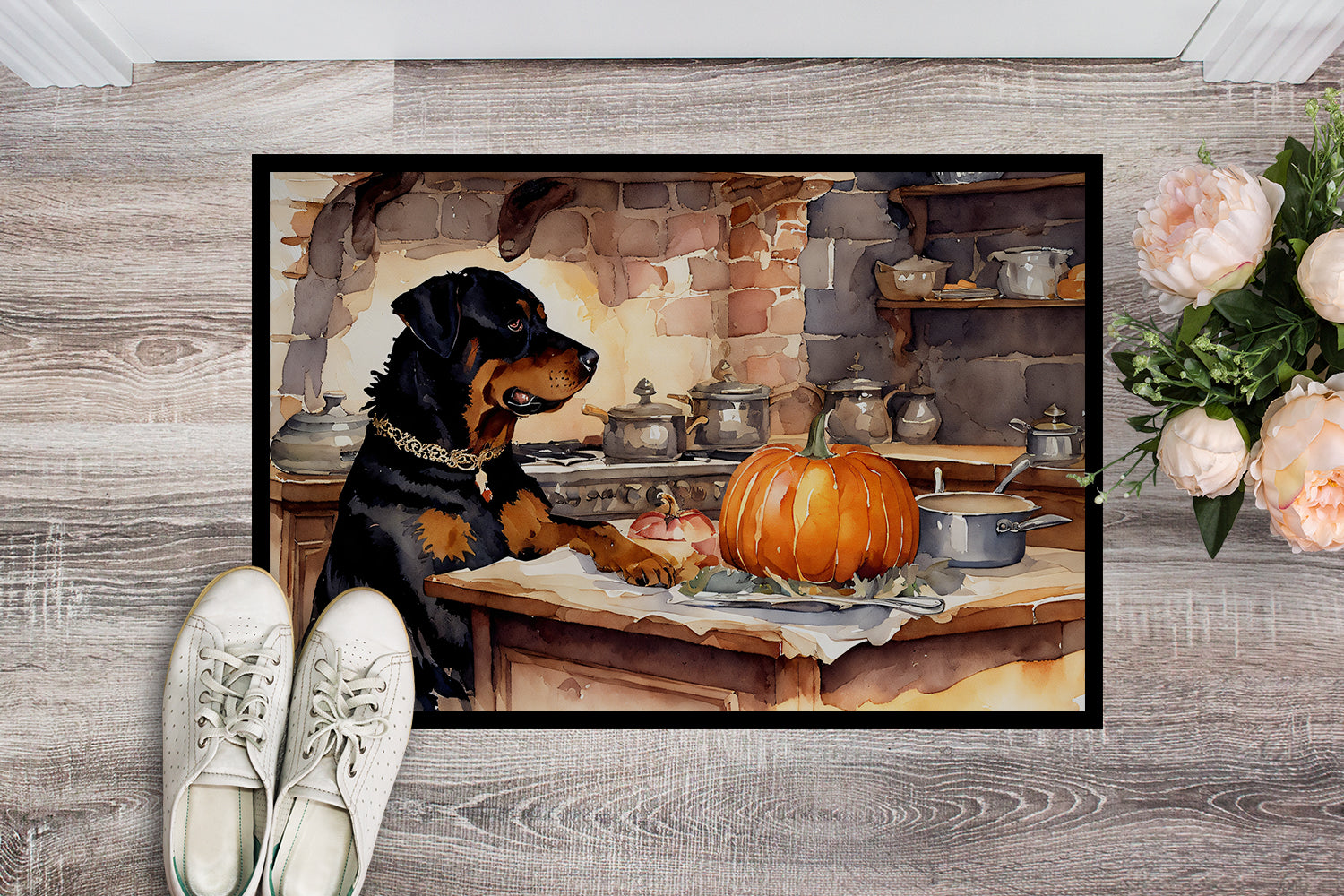 Rottweiler Fall Kitchen Pumpkins Indoor or Outdoor Mat 24x36