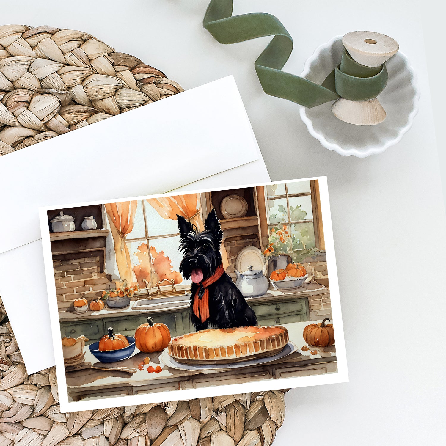Scottish Terrier Fall Kitchen Pumpkins Greeting Cards and Envelopes Pack of 8