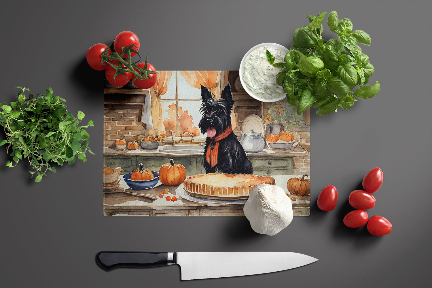 Scottish Terrier Fall Kitchen Pumpkins Glass Cutting Board Large