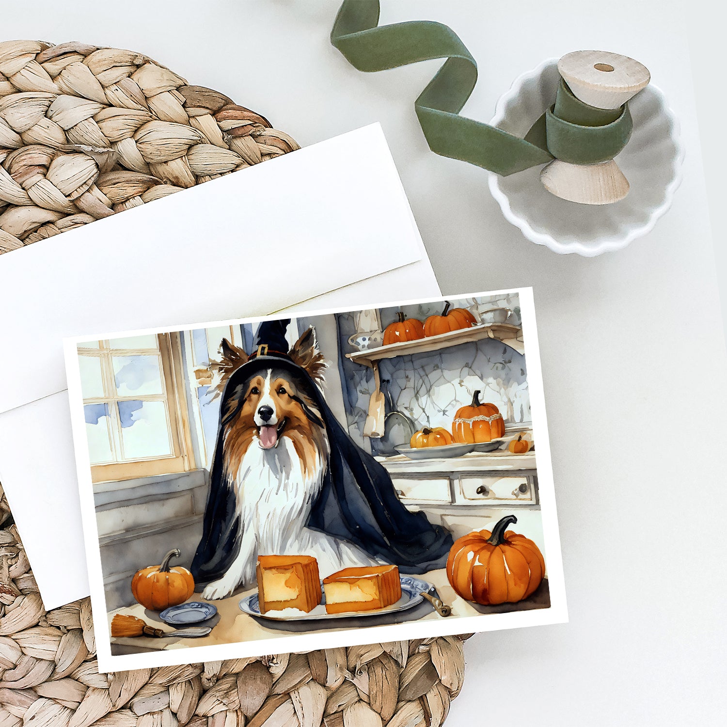Sheltie Fall Kitchen Pumpkins Greeting Cards and Envelopes Pack of 8