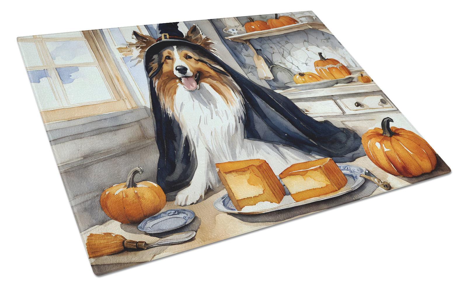 Buy this Sheltie Fall Kitchen Pumpkins Glass Cutting Board Large