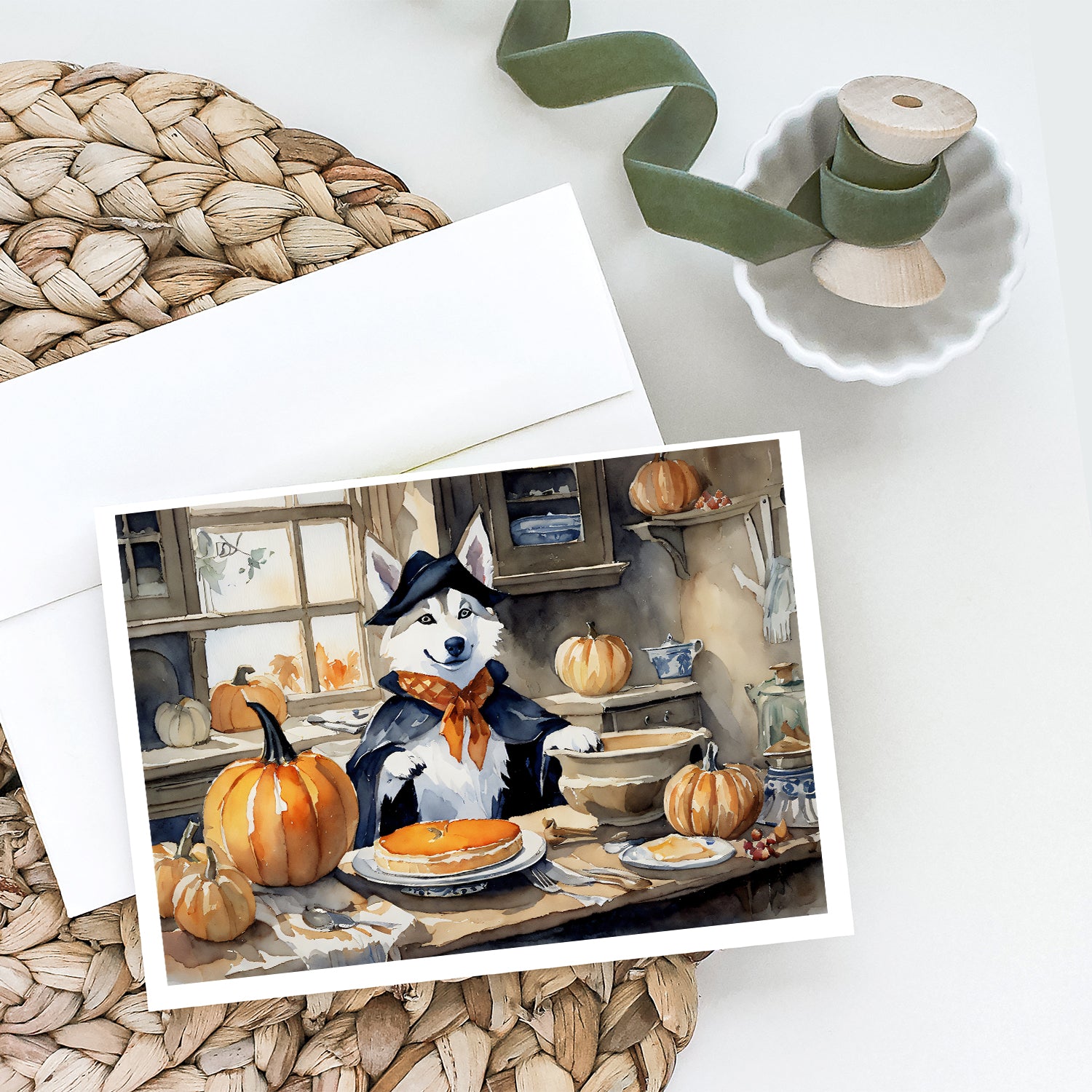 Buy this Siberian Husky Fall Kitchen Pumpkins Greeting Cards and Envelopes Pack of 8