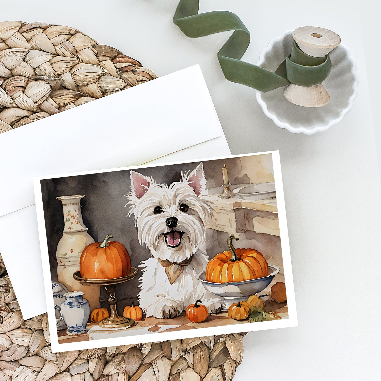 Westie Fall Kitchen Pumpkins Greeting Cards and Envelopes Pack of 8