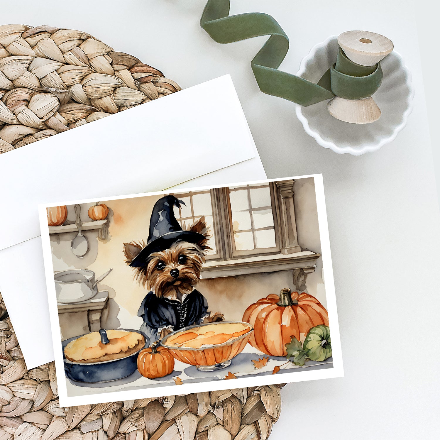 Buy this Yorkie Fall Kitchen Pumpkins Greeting Cards and Envelopes Pack of 8