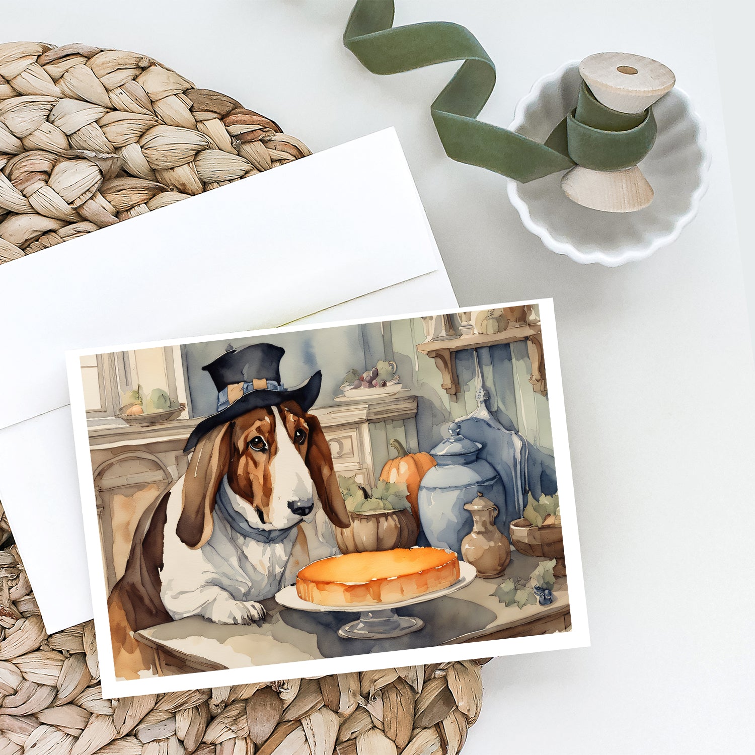 Buy this Basset Hound Fall Kitchen Pumpkins Greeting Cards and Envelopes Pack of 8