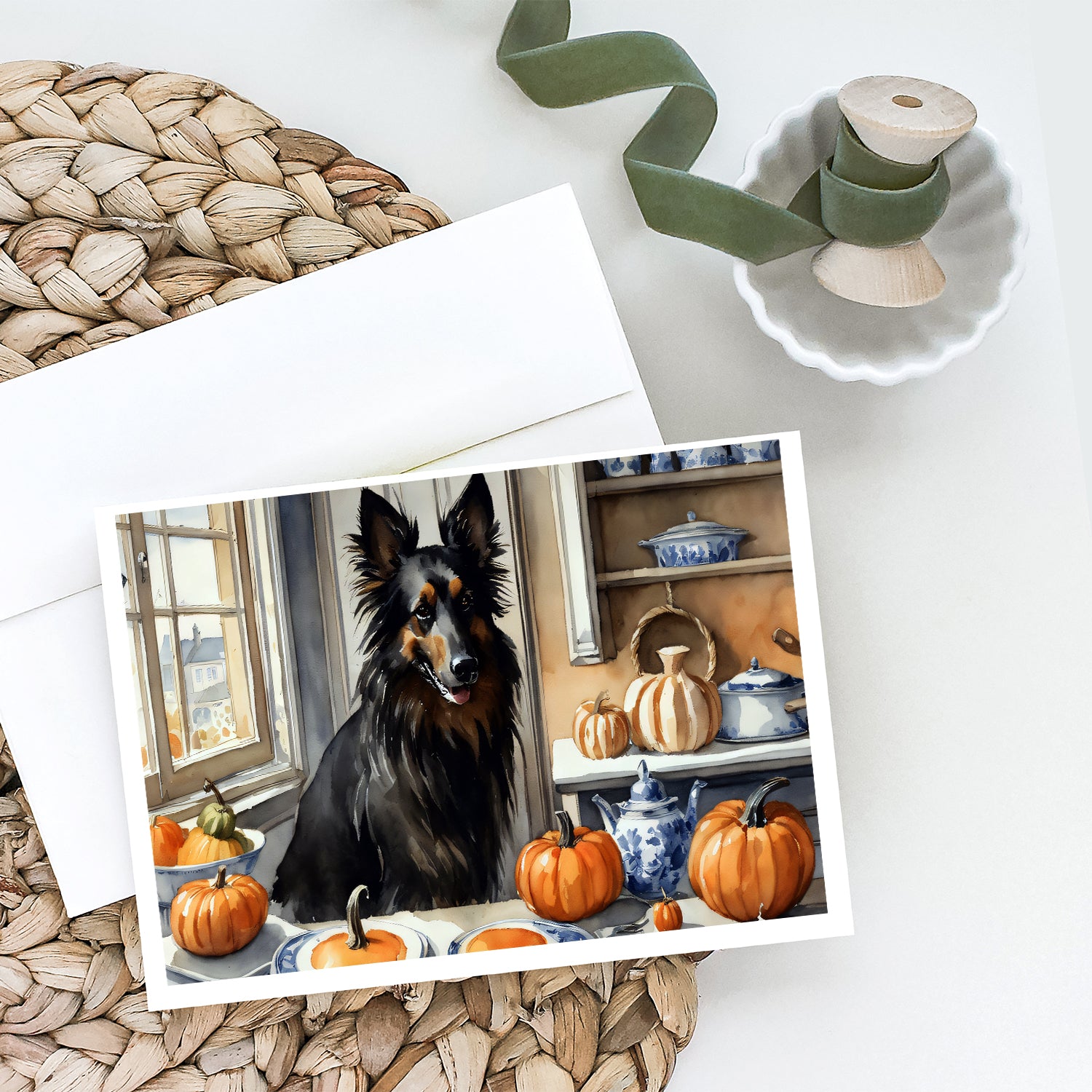 Belgian Sheepdog Fall Kitchen Pumpkins Greeting Cards and Envelopes Pack of 8