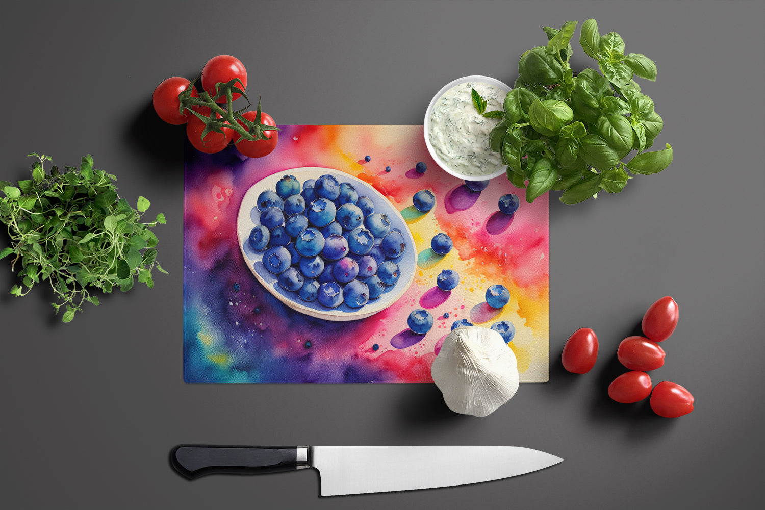 Colorful Blueberries Glass Cutting Board Large