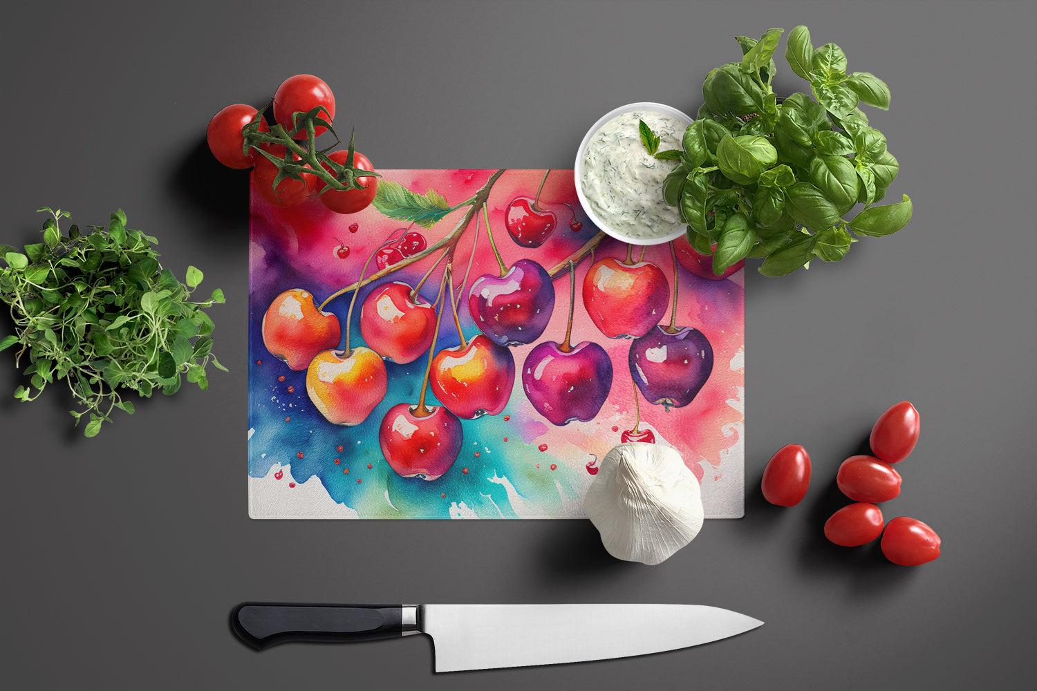 Colorful Cherries Glass Cutting Board Large