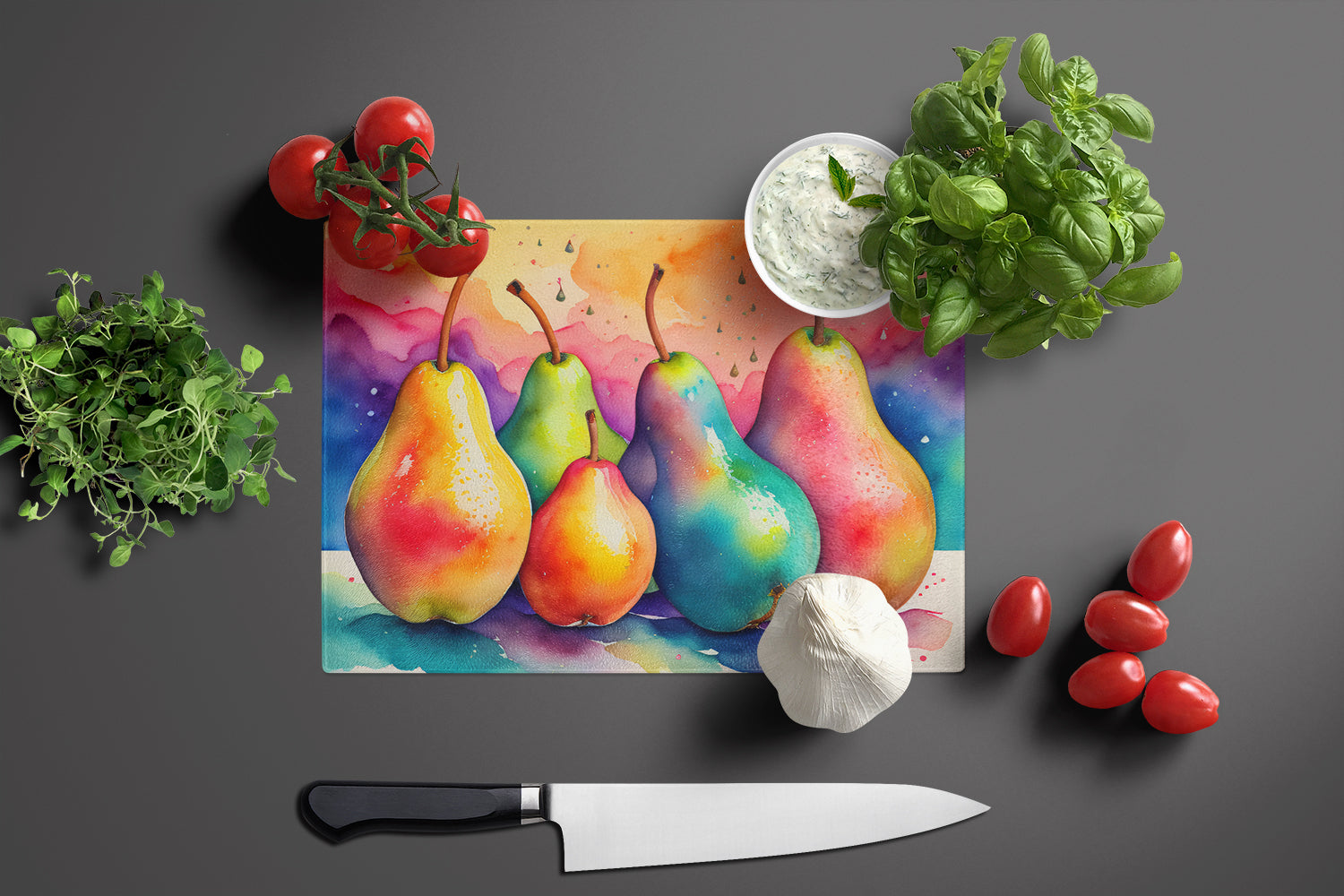 Colorful Pears Glass Cutting Board Large