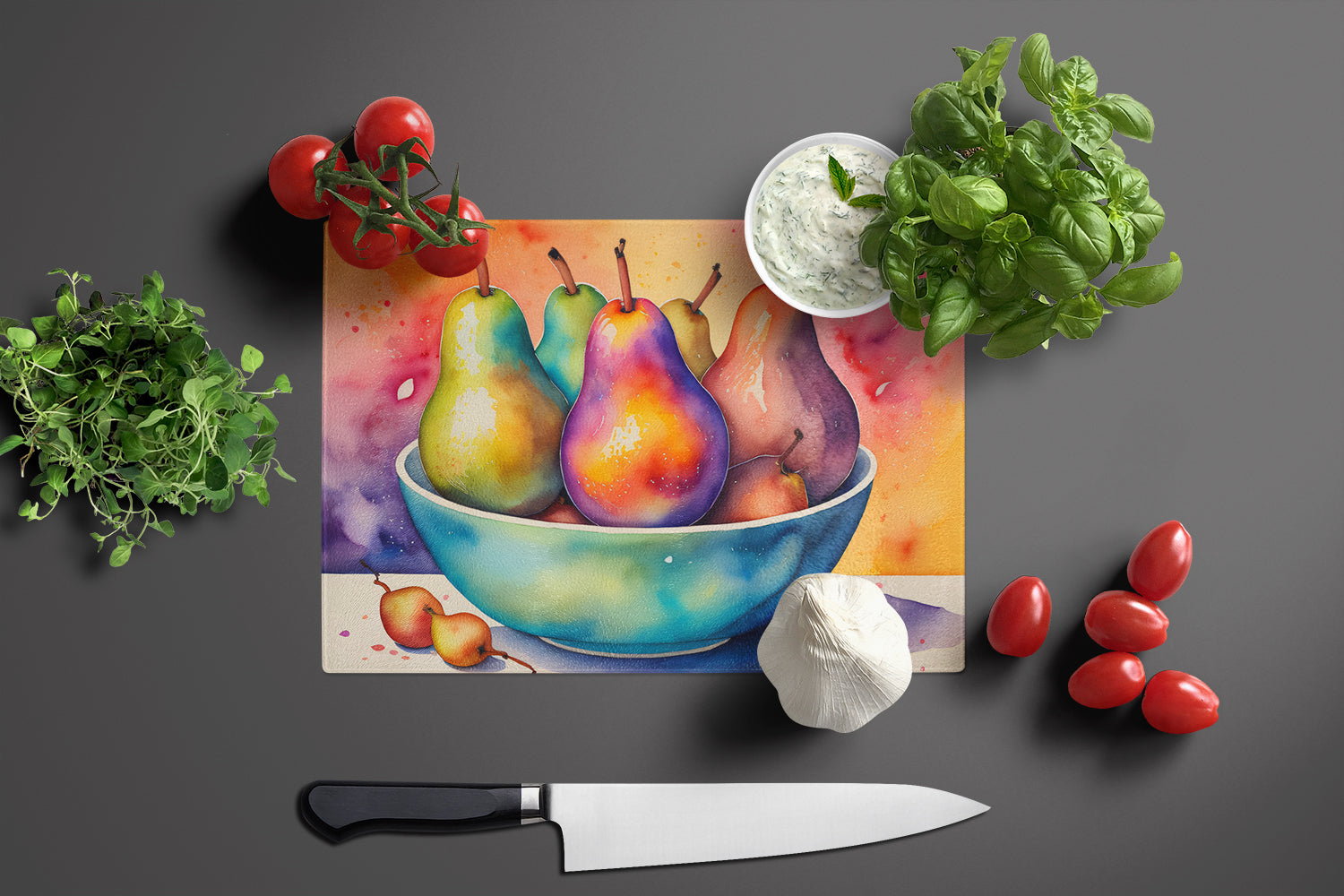 Colorful Pears Glass Cutting Board Large
