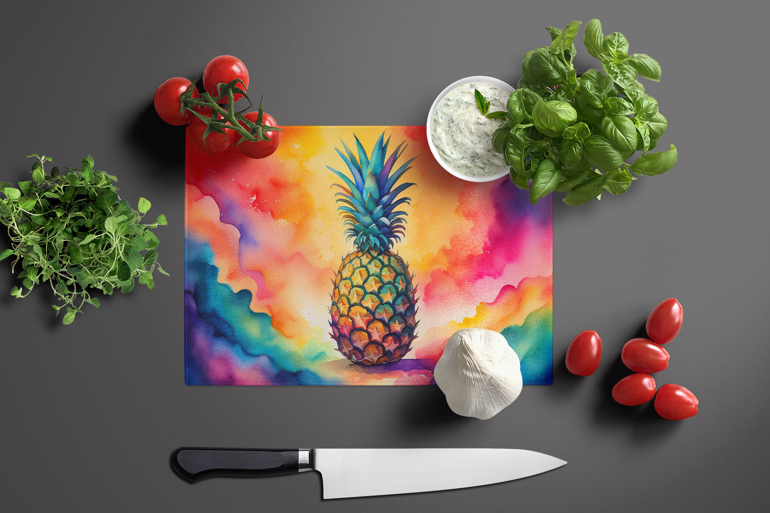 Colorful Pineapple Glass Cutting Board Large